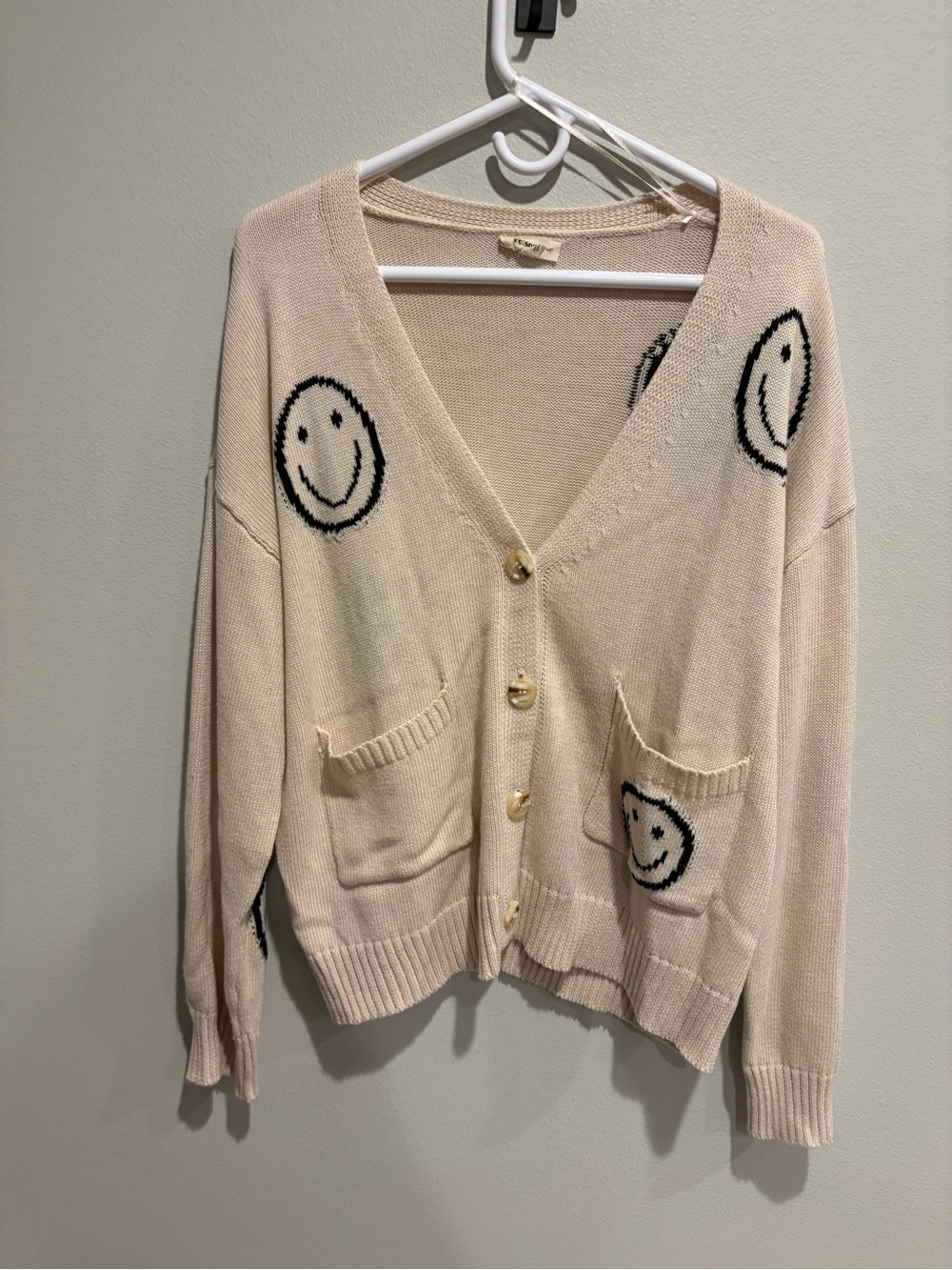 eesome Cream V-Neck Cardigan with Black Smiley Motifs
